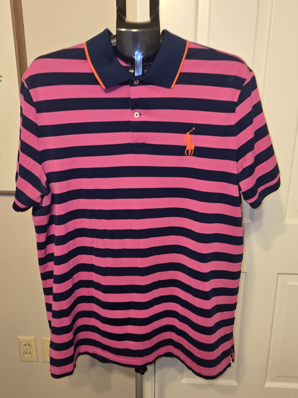 Polo by Ralph Lauren Men's Striped Pink & Navy Polo Shirt XL